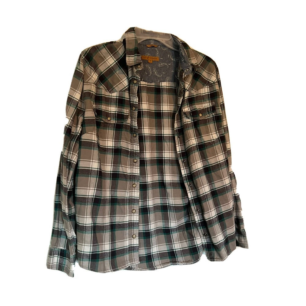Jachs Girlfriend Womens Small Plaid Snap Button Down Shirt Green Brown Cotton